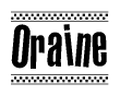 The image is a black and white clipart of the text Oraine in a bold, italicized font. The text is bordered by a dotted line on the top and bottom, and there are checkered flags positioned at both ends of the text, usually associated with racing or finishing lines.