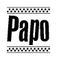 The image is a black and white clipart of the text Papo in a bold, italicized font. The text is bordered by a dotted line on the top and bottom, and there are checkered flags positioned at both ends of the text, usually associated with racing or finishing lines.