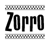 The image is a black and white clipart of the text Zorro in a bold, italicized font. The text is bordered by a dotted line on the top and bottom, and there are checkered flags positioned at both ends of the text, usually associated with racing or finishing lines.