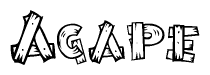 The image contains the name Agape written in a decorative, stylized font with a hand-drawn appearance. The lines are made up of what appears to be planks of wood, which are nailed together