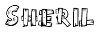 The image contains the name Sheril written in a decorative, stylized font with a hand-drawn appearance. The lines are made up of what appears to be planks of wood, which are nailed together