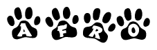 The image shows a series of animal paw prints arranged in a horizontal line. Each paw print contains a letter, and together they spell out the word Afro.