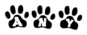 The image shows a series of animal paw prints arranged horizontally. Within each paw print, there's a letter; together they spell Any
