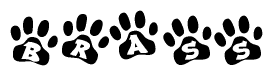 The image shows a series of animal paw prints arranged horizontally. Within each paw print, there's a letter; together they spell Brass