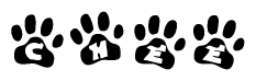 The image shows a row of animal paw prints, each containing a letter. The letters spell out the word Chee within the paw prints.