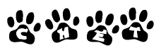 The image shows a series of animal paw prints arranged in a horizontal line. Each paw print contains a letter, and together they spell out the word Chet.