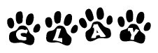 The image shows a row of animal paw prints, each containing a letter. The letters spell out the word Clay within the paw prints.