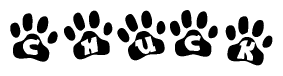 The image shows a series of animal paw prints arranged in a horizontal line. Each paw print contains a letter, and together they spell out the word Chuck.