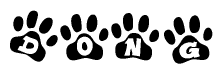 The image shows a series of animal paw prints arranged in a horizontal line. Each paw print contains a letter, and together they spell out the word Dong.