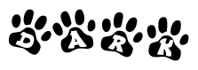 The image shows a row of animal paw prints, each containing a letter. The letters spell out the word Dark within the paw prints.