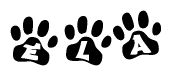 The image shows a series of animal paw prints arranged horizontally. Within each paw print, there's a letter; together they spell Ela