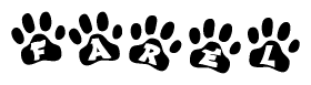 The image shows a row of animal paw prints, each containing a letter. The letters spell out the word Farel within the paw prints.