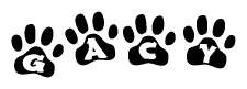 The image shows a row of animal paw prints, each containing a letter. The letters spell out the word Gacy within the paw prints.