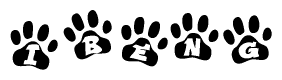 The image shows a series of animal paw prints arranged horizontally. Within each paw print, there's a letter; together they spell Ibeng