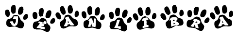 The image shows a series of animal paw prints arranged horizontally. Within each paw print, there's a letter; together they spell Jeanlibra