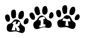 The image shows a series of animal paw prints arranged in a horizontal line. Each paw print contains a letter, and together they spell out the word Kit.