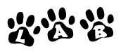 The image shows a row of animal paw prints, each containing a letter. The letters spell out the word Lab within the paw prints.