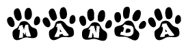 The image shows a series of animal paw prints arranged horizontally. Within each paw print, there's a letter; together they spell Manda