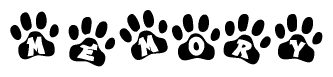 The image shows a series of animal paw prints arranged horizontally. Within each paw print, there's a letter; together they spell Memory