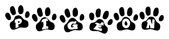 The image shows a row of animal paw prints, each containing a letter. The letters spell out the word Pigeon within the paw prints.
