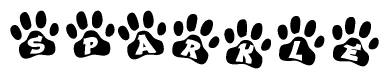 The image shows a series of animal paw prints arranged in a horizontal line. Each paw print contains a letter, and together they spell out the word Sparkle.