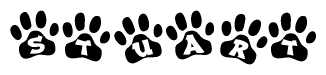 The image shows a row of animal paw prints, each containing a letter. The letters spell out the word Stuart within the paw prints.
