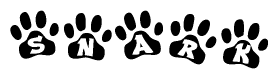 The image shows a series of animal paw prints arranged in a horizontal line. Each paw print contains a letter, and together they spell out the word Snark.