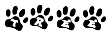 The image shows a series of animal paw prints arranged horizontally. Within each paw print, there's a letter; together they spell Tree