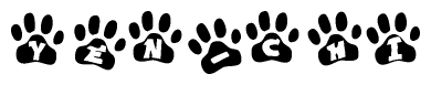 The image shows a series of animal paw prints arranged in a horizontal line. Each paw print contains a letter, and together they spell out the word Yen-chi.