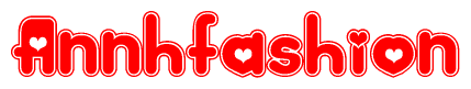 The image is a clipart featuring the word Annhfashion written in a stylized font with a heart shape replacing inserted into the center of each letter. The color scheme of the text and hearts is red with a light outline.