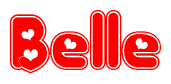 The image is a red and white graphic with the word Belle written in a decorative script. Each letter in  is contained within its own outlined bubble-like shape. Inside each letter, there is a white heart symbol.