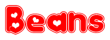The image is a red and white graphic with the word Beans written in a decorative script. Each letter in  is contained within its own outlined bubble-like shape. Inside each letter, there is a white heart symbol.