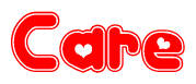 The image is a red and white graphic with the word Care written in a decorative script. Each letter in  is contained within its own outlined bubble-like shape. Inside each letter, there is a white heart symbol.