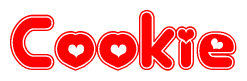 The image is a red and white graphic with the word Cookie written in a decorative script. Each letter in  is contained within its own outlined bubble-like shape. Inside each letter, there is a white heart symbol.
