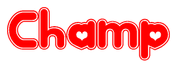 The image is a red and white graphic with the word Champ written in a decorative script. Each letter in  is contained within its own outlined bubble-like shape. Inside each letter, there is a white heart symbol.