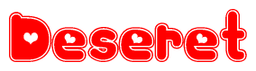 The image is a clipart featuring the word Deseret written in a stylized font with a heart shape replacing inserted into the center of each letter. The color scheme of the text and hearts is red with a light outline.