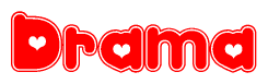 The image is a clipart featuring the word Drama written in a stylized font with a heart shape replacing inserted into the center of each letter. The color scheme of the text and hearts is red with a light outline.