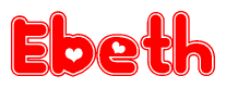 The image is a clipart featuring the word Ebeth written in a stylized font with a heart shape replacing inserted into the center of each letter. The color scheme of the text and hearts is red with a light outline.