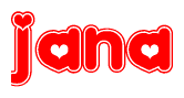 The image is a clipart featuring the word Jana written in a stylized font with a heart shape replacing inserted into the center of each letter. The color scheme of the text and hearts is red with a light outline.