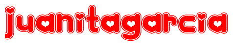 The image is a red and white graphic with the word Juanitagarcia written in a decorative script. Each letter in  is contained within its own outlined bubble-like shape. Inside each letter, there is a white heart symbol.