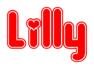 The image is a red and white graphic with the word Lilly written in a decorative script. Each letter in  is contained within its own outlined bubble-like shape. Inside each letter, there is a white heart symbol.