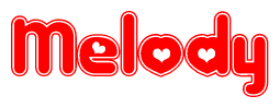 The image is a red and white graphic with the word Melody written in a decorative script. Each letter in  is contained within its own outlined bubble-like shape. Inside each letter, there is a white heart symbol.