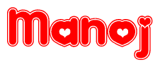 The image is a clipart featuring the word Manoj written in a stylized font with a heart shape replacing inserted into the center of each letter. The color scheme of the text and hearts is red with a light outline.