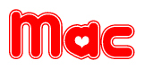 The image is a clipart featuring the word Mac written in a stylized font with a heart shape replacing inserted into the center of each letter. The color scheme of the text and hearts is red with a light outline.