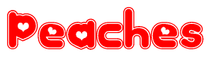 The image displays the word Peaches written in a stylized red font with hearts inside the letters.