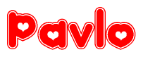 The image is a red and white graphic with the word Pavlo written in a decorative script. Each letter in  is contained within its own outlined bubble-like shape. Inside each letter, there is a white heart symbol.