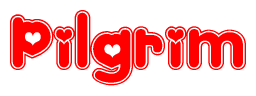 The image displays the word Pilgrim written in a stylized red font with hearts inside the letters.