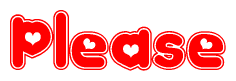 The image is a red and white graphic with the word Please written in a decorative script. Each letter in  is contained within its own outlined bubble-like shape. Inside each letter, there is a white heart symbol.