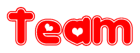 The image is a red and white graphic with the word Team written in a decorative script. Each letter in  is contained within its own outlined bubble-like shape. Inside each letter, there is a white heart symbol.