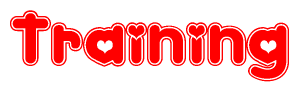 The image is a clipart featuring the word Training written in a stylized font with a heart shape replacing inserted into the center of each letter. The color scheme of the text and hearts is red with a light outline.
